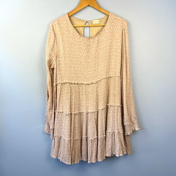 Altar'd State Pink Taupe Tiered Ruffle Swiss Dot Dress Size L - Picture 1 of 6